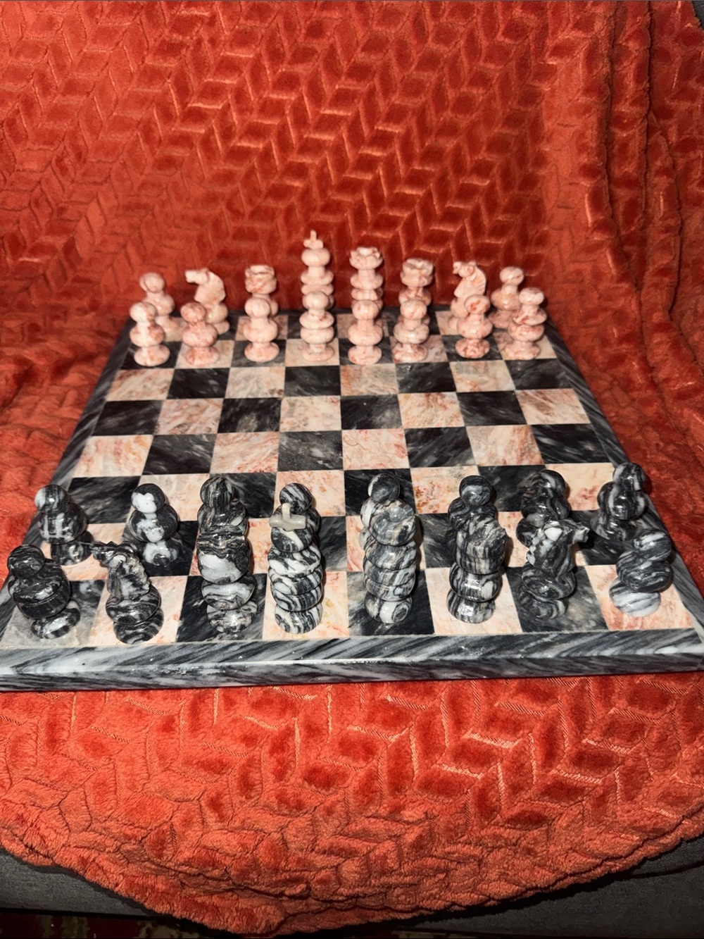 Luxury Vintage Hand-Carved Pink & Black Genuine Marble Chess Set